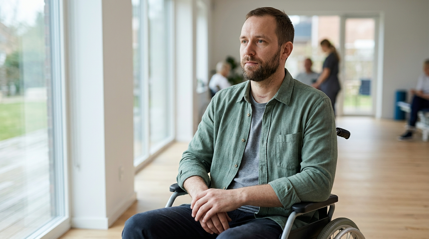 Person in a wheelchair looking forward with quiet resolve after a catastrophic spinal injury.