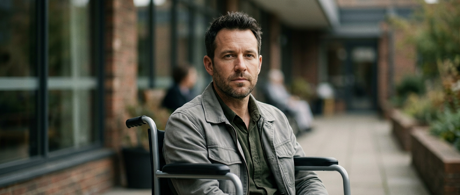 Person in a wheelchair looking forward with quiet resolve after a spinal injury.
