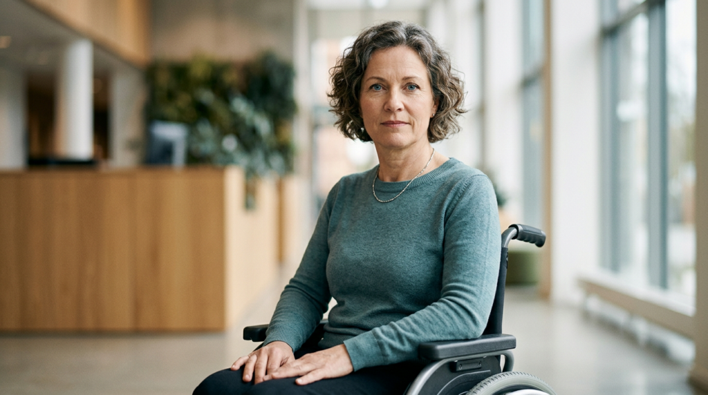 Person in a wheelchair looking forward with quiet resolve after a catastrophic spinal cord injury.