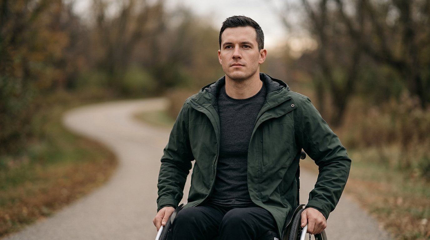 Person in a wheelchair looking forward with quiet resolve after a catastrophic spinal injury.