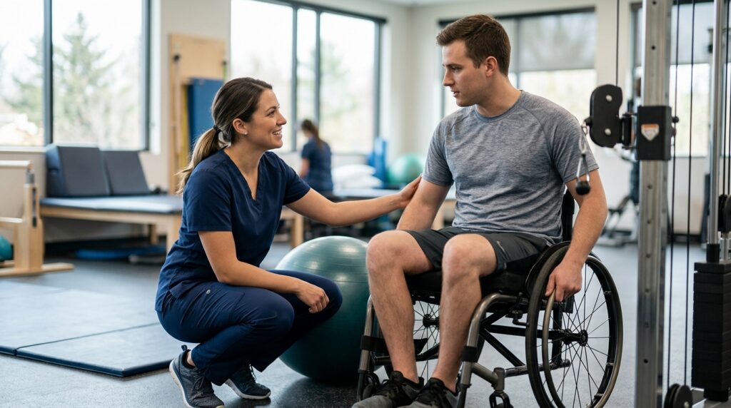 Person in a wheelchair working with a physical therapist in a spinal injury rehabilitation gym.