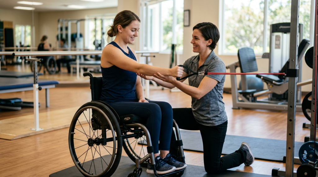 Person in a wheelchair working with a physical therapist in a spinal-cord-injury rehabilitation gym.
