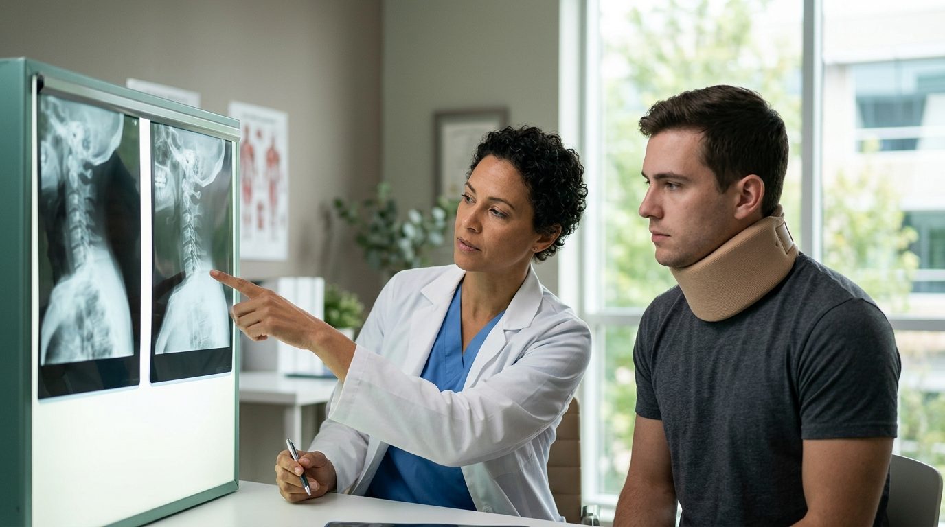 Person in cervical collar discussing spine X-rays with a spinal surgeon in consultation room.