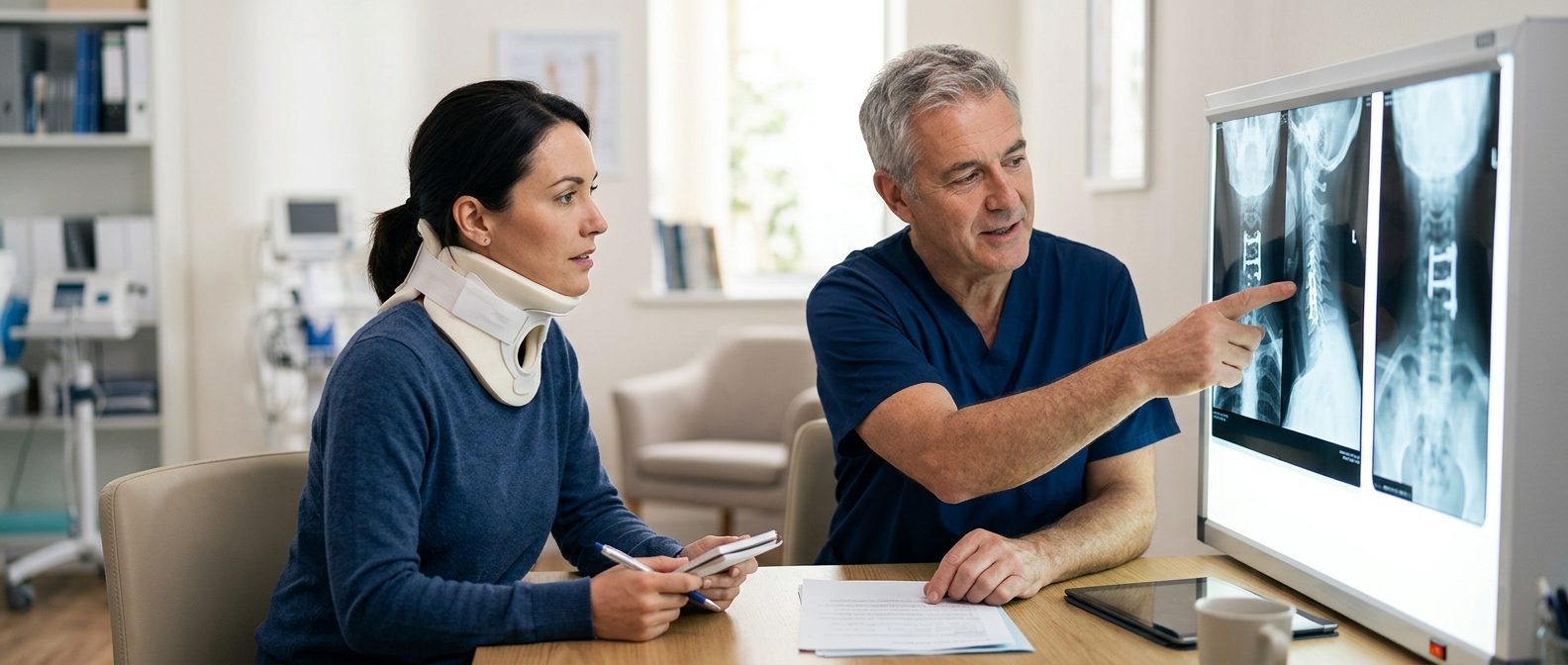 Person in cervical collar reviewing spine X-rays with a spinal surgeon in consultation room.