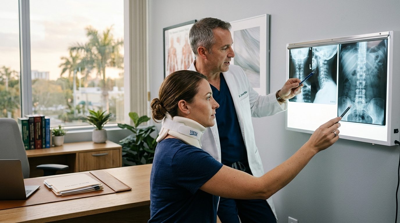 Person in cervical collar reviewing spine X-rays with a spinal surgeon during consultation.