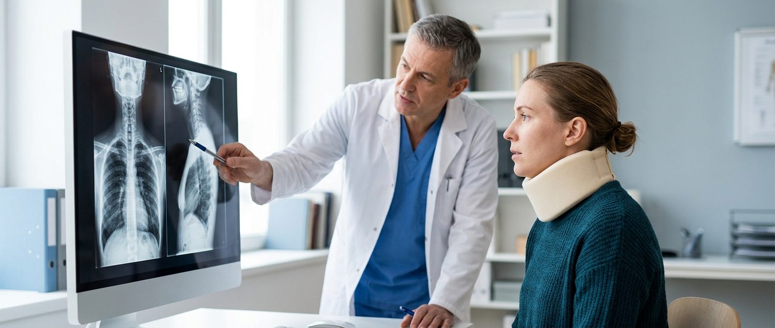 Person in cervical collar reviewing spine X-rays with a spinal surgeon during consultation.