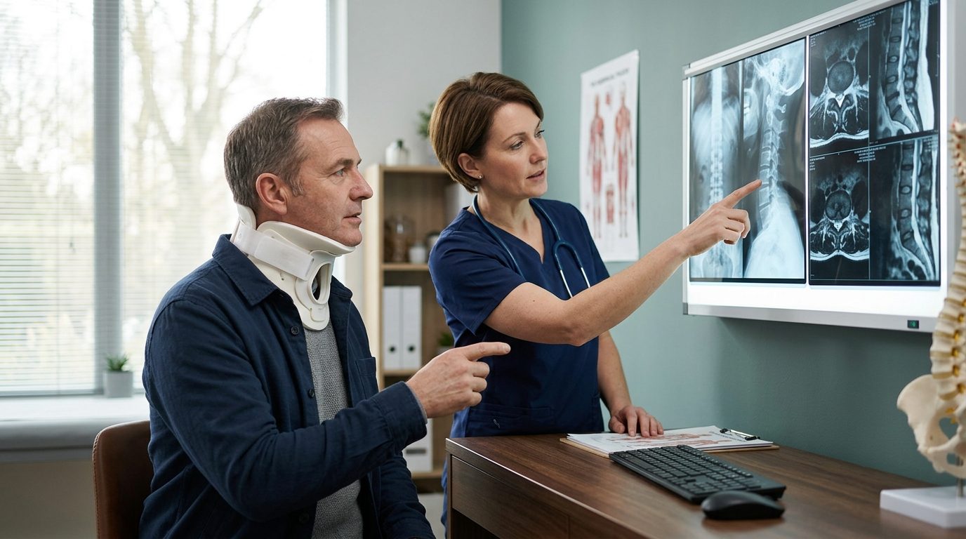 Person in cervical collar reviewing spine X-rays with spinal surgeon during consultation.