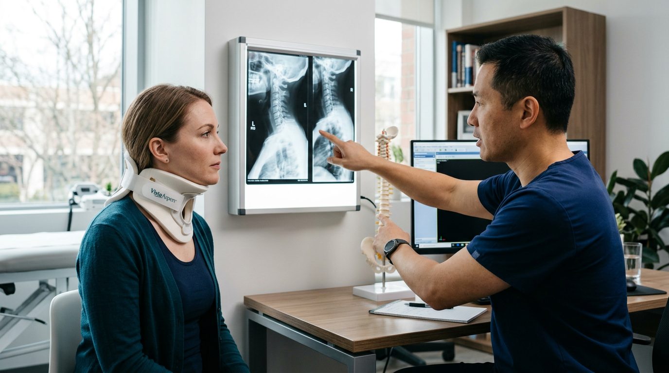 Person in neck collar examining spine X-rays with a spinal surgeon during consultation.