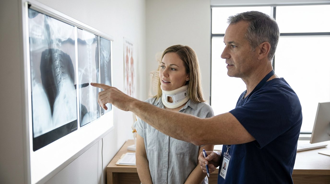Person in neck collar reviewing spine X-rays with a spinal surgeon during consultation.
