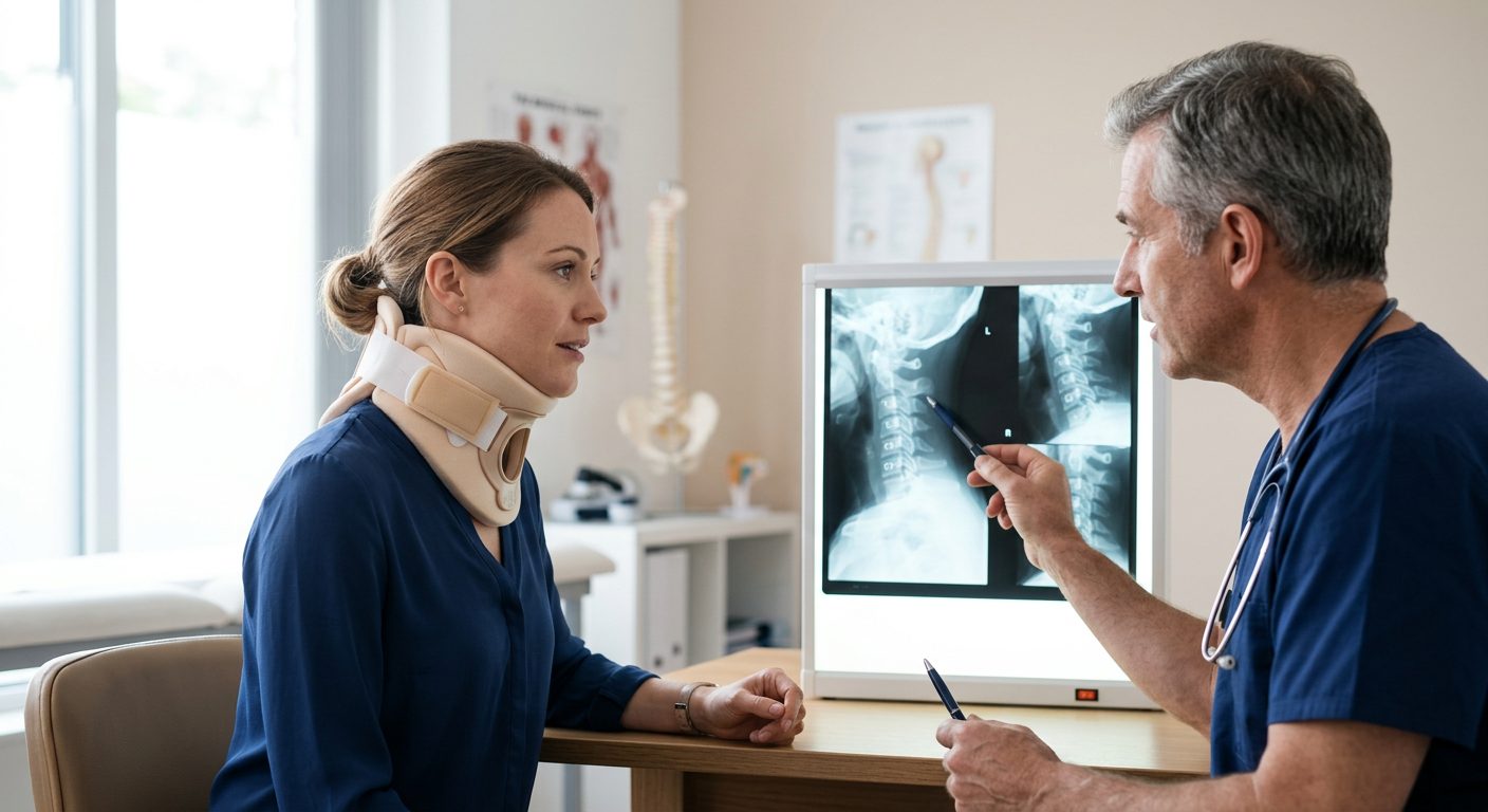 Person in neck collar reviewing spine X-rays with a spinal surgeon in consultation room.