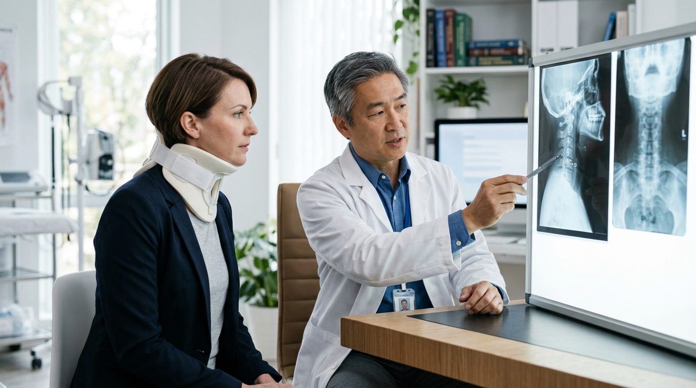 Person in neck collar reviewing spine X-rays with a spinal surgeon in consultation room.