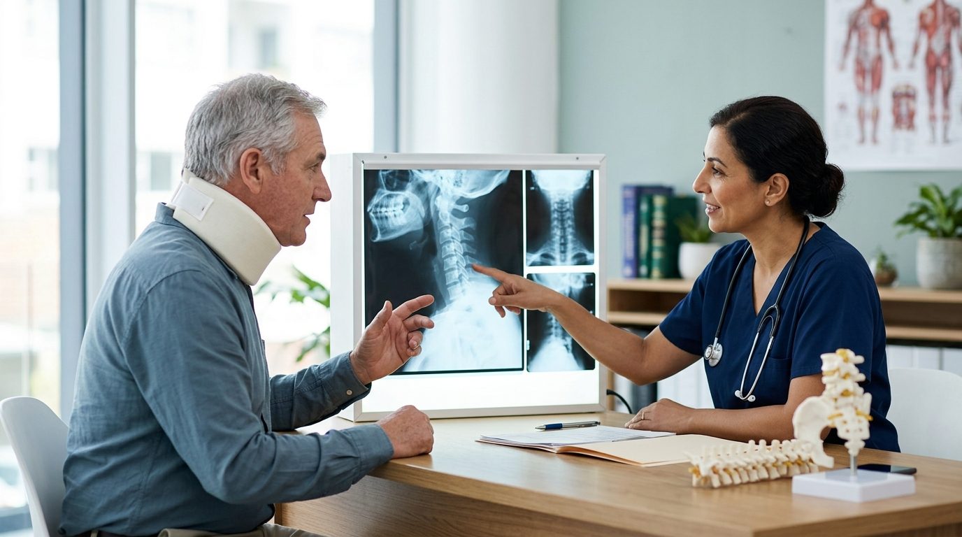 Person in neck collar reviewing spine X-rays with a spinal surgeon during consultation.