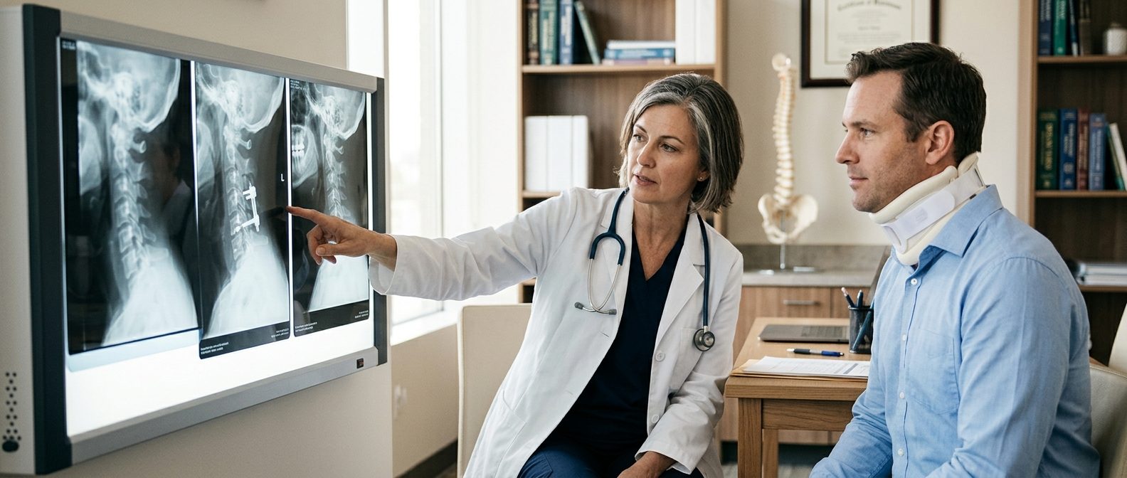 Person in neck collar reviewing spine X-rays with spinal surgeon during consultation.