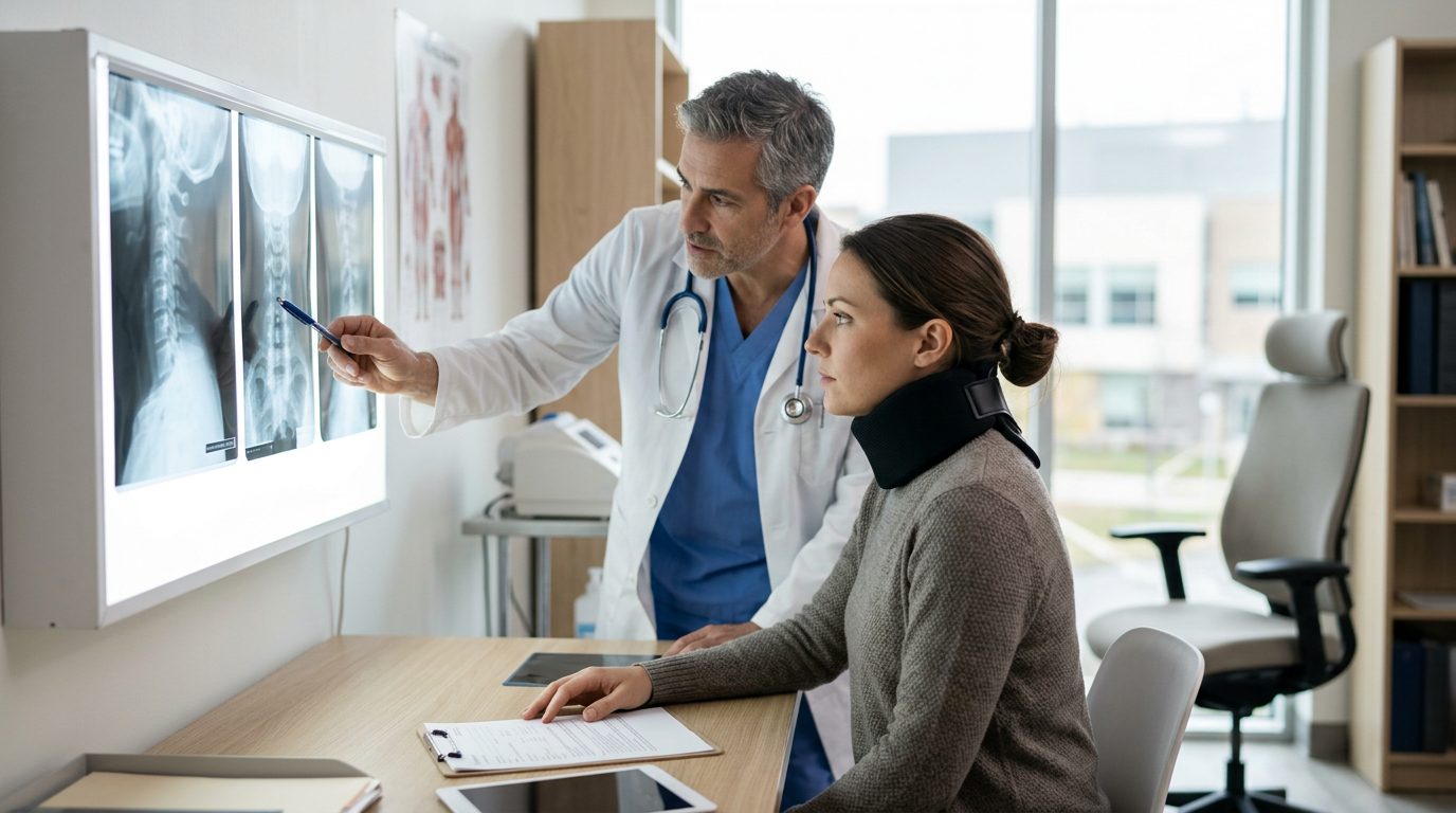 Person in neck collar reviewing spine X-rays with spinal surgeon during consultation.