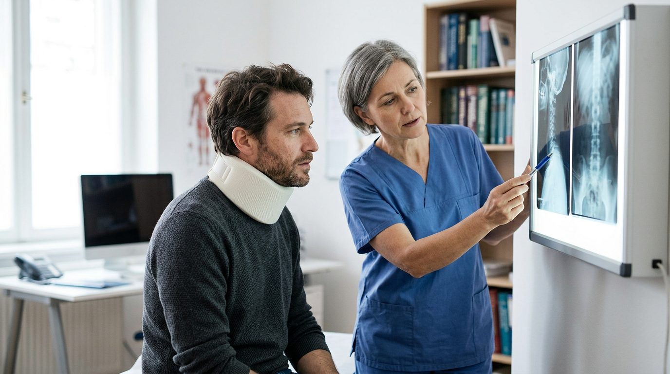 Person in neck collar reviewing spine X-rays with spinal surgeon during consultation.