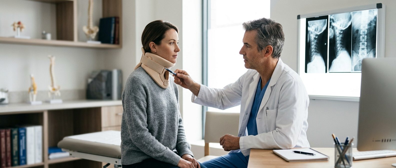 Person in neck collar reviewing spine X-rays with surgeon during consultation.
