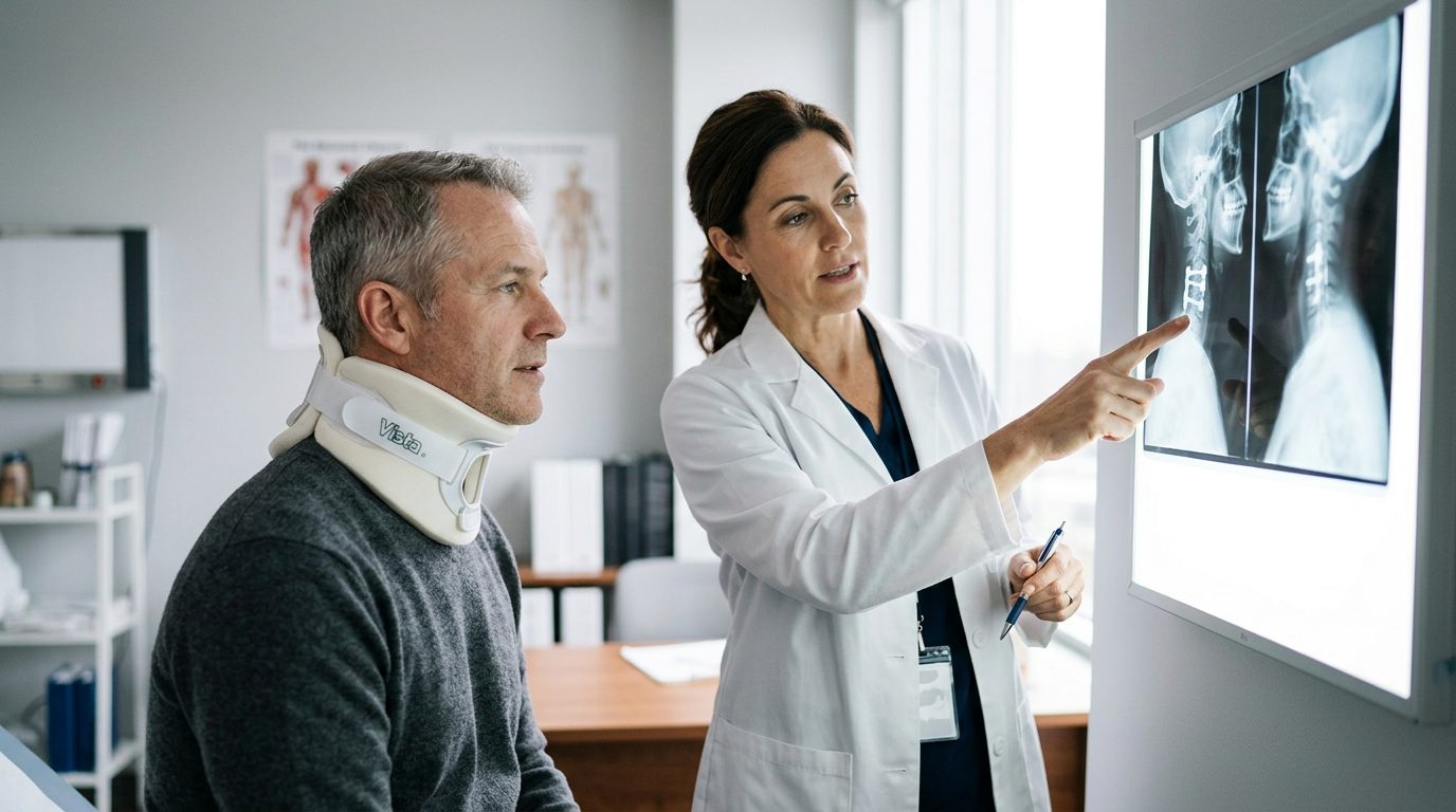 Person in neck collar reviewing spine X-rays with surgeon during consultation.