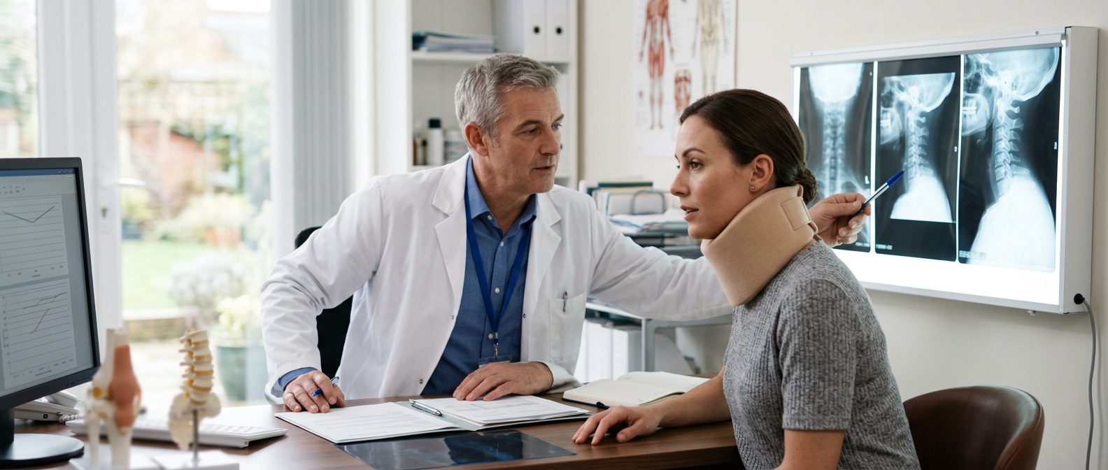 Person in neck collar reviewing spine X-rays with surgeon during consultation.