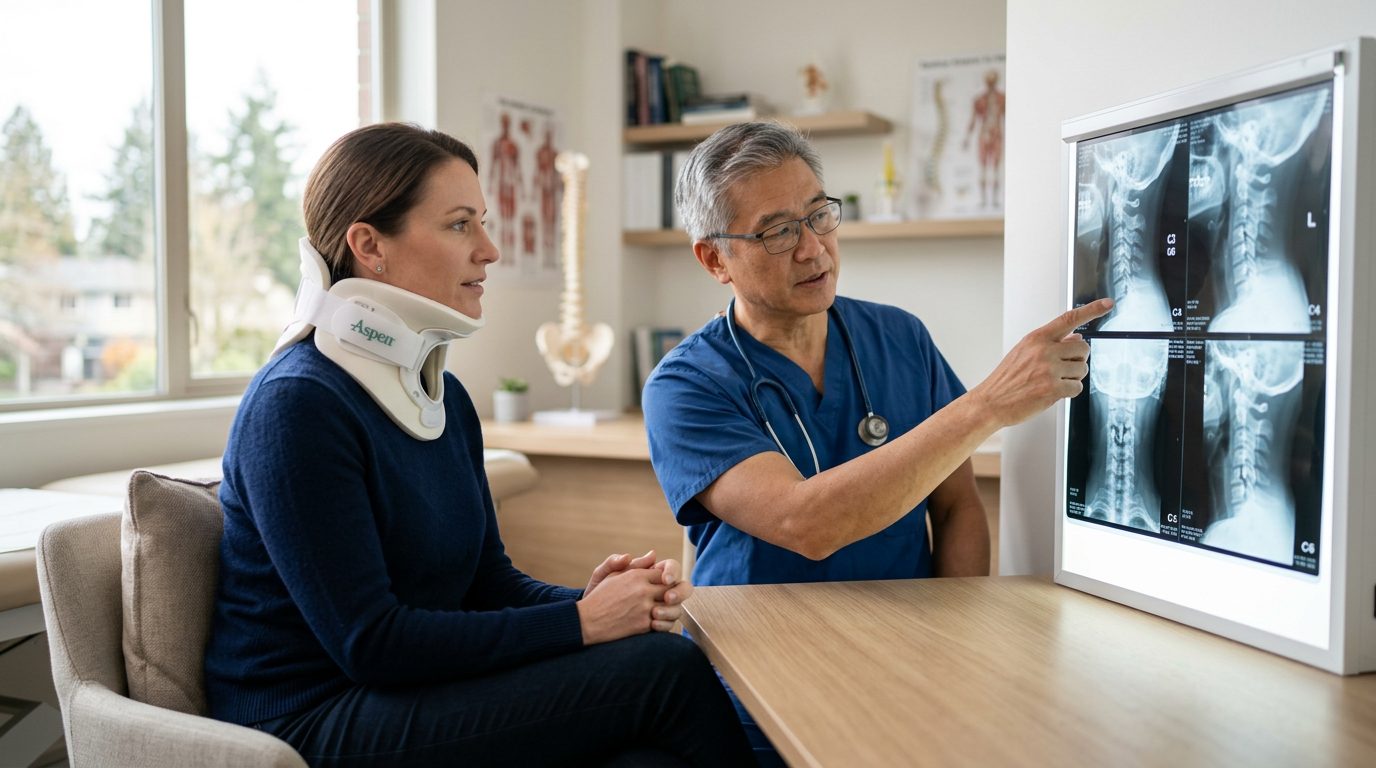 Person in neck collar reviewing spine X-rays with surgeon in consultation room.