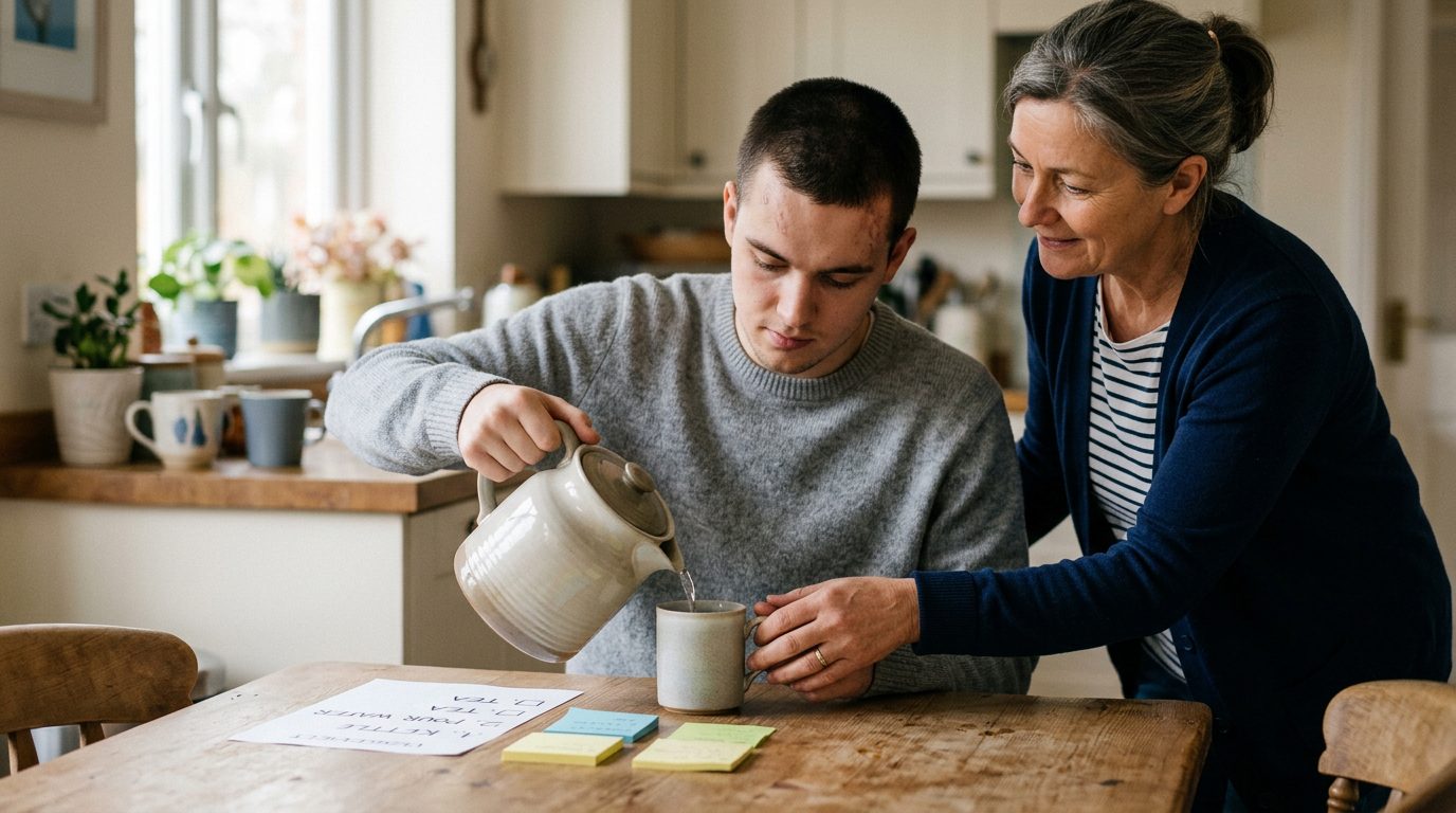 Person in rehabilitation session with caregiver after traumatic brain injury.