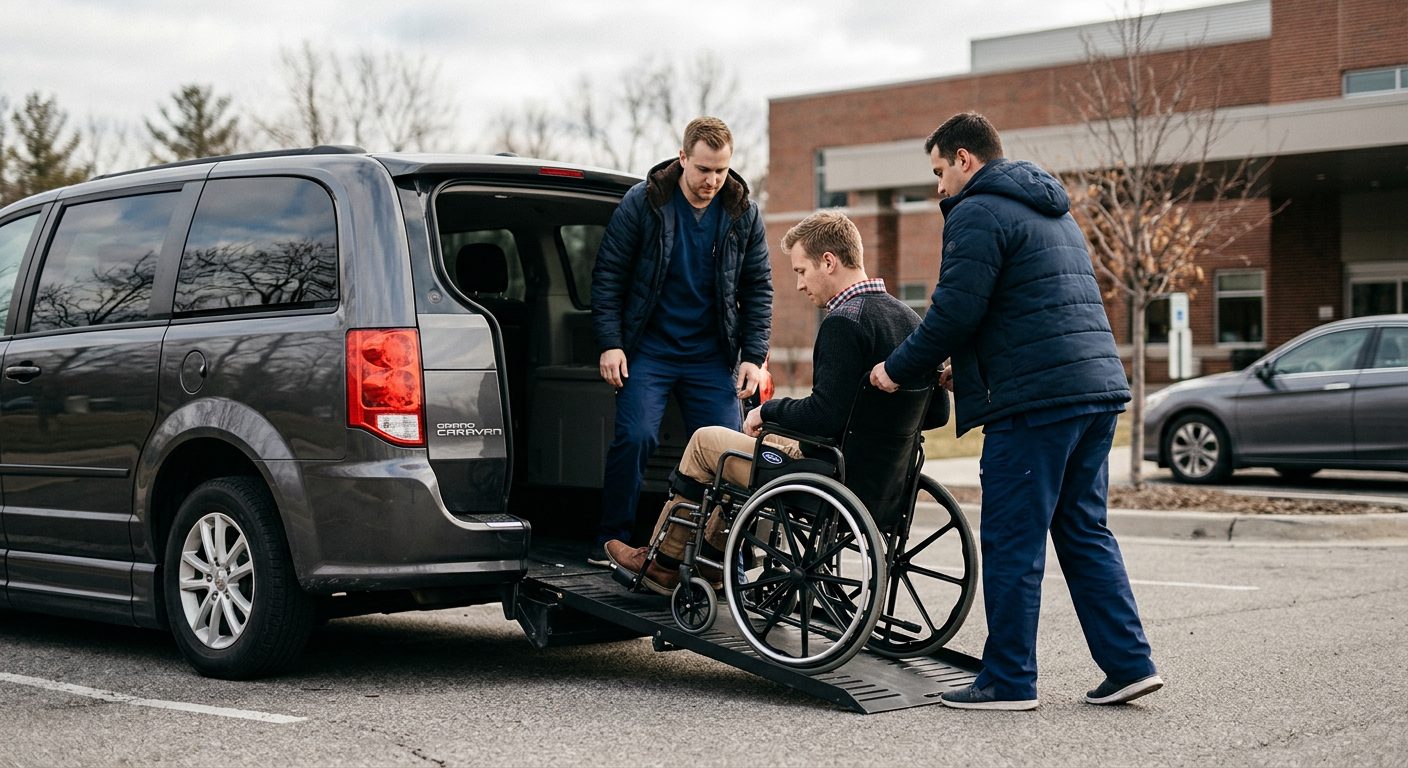 Person in wheelchair being assisted into an adapted vehicle after rideshare accident.