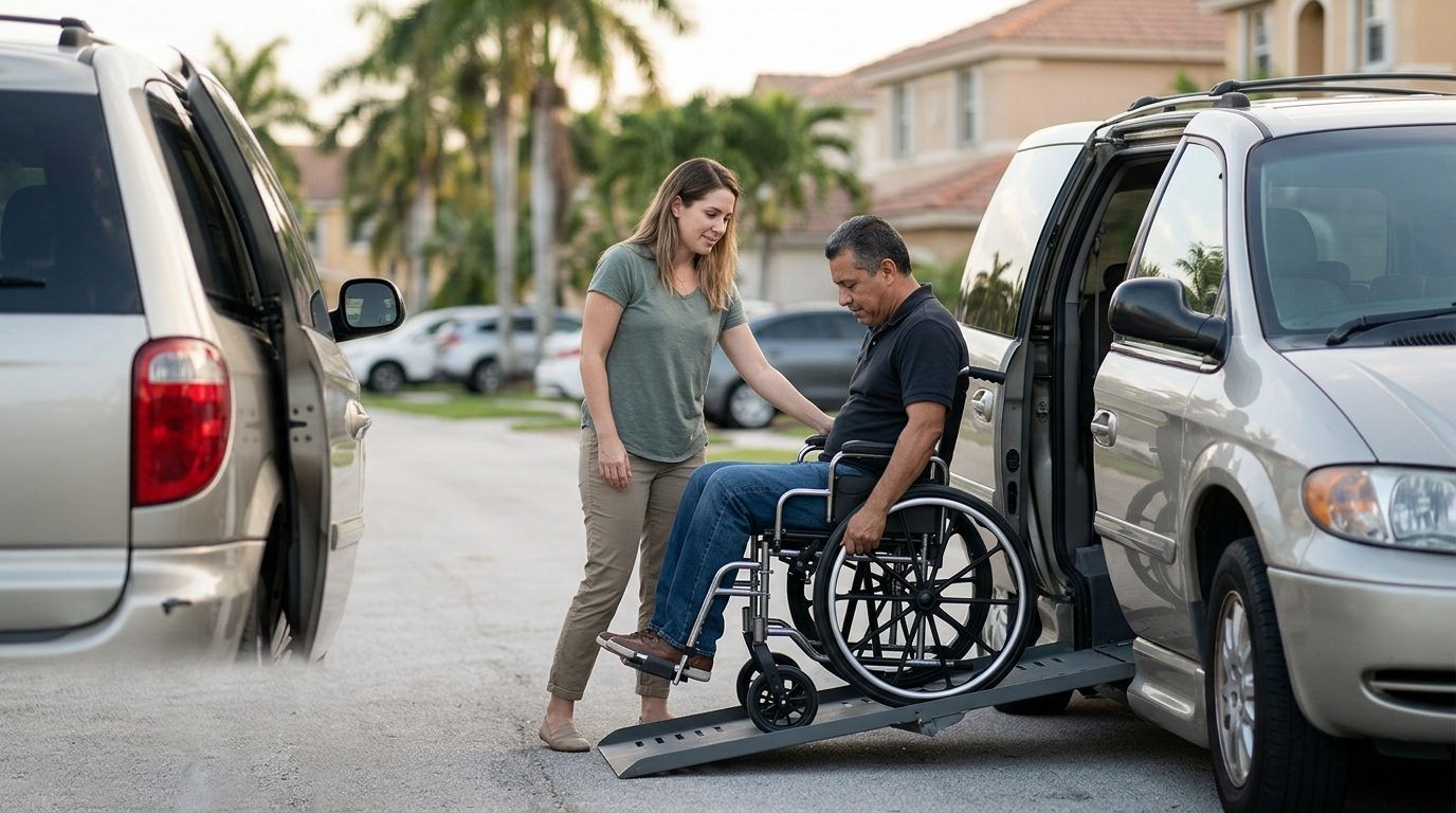 Person in wheelchair being assisted into an adapted vehicle after rideshare accident.
