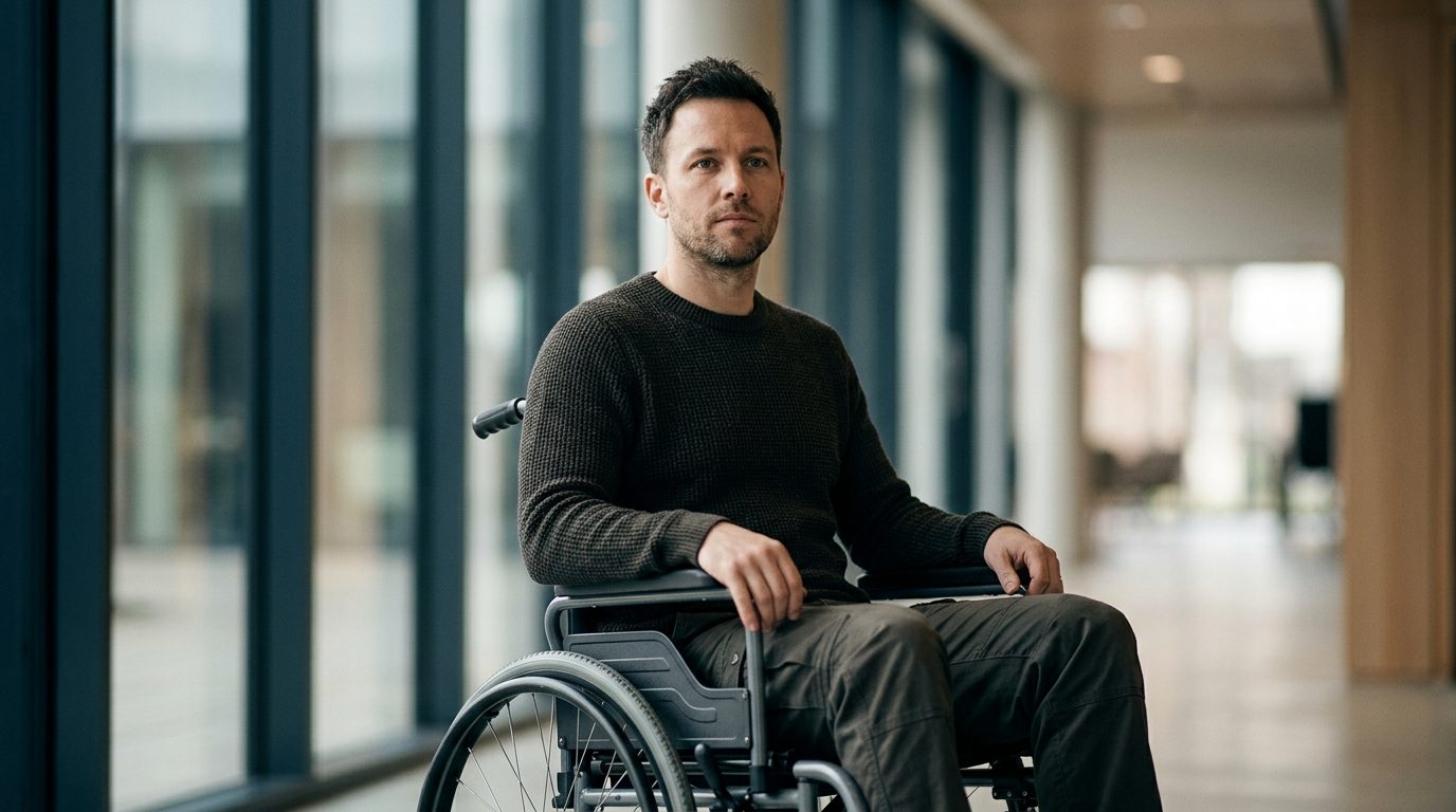 Person in wheelchair looking forward with determination after spinal injury.