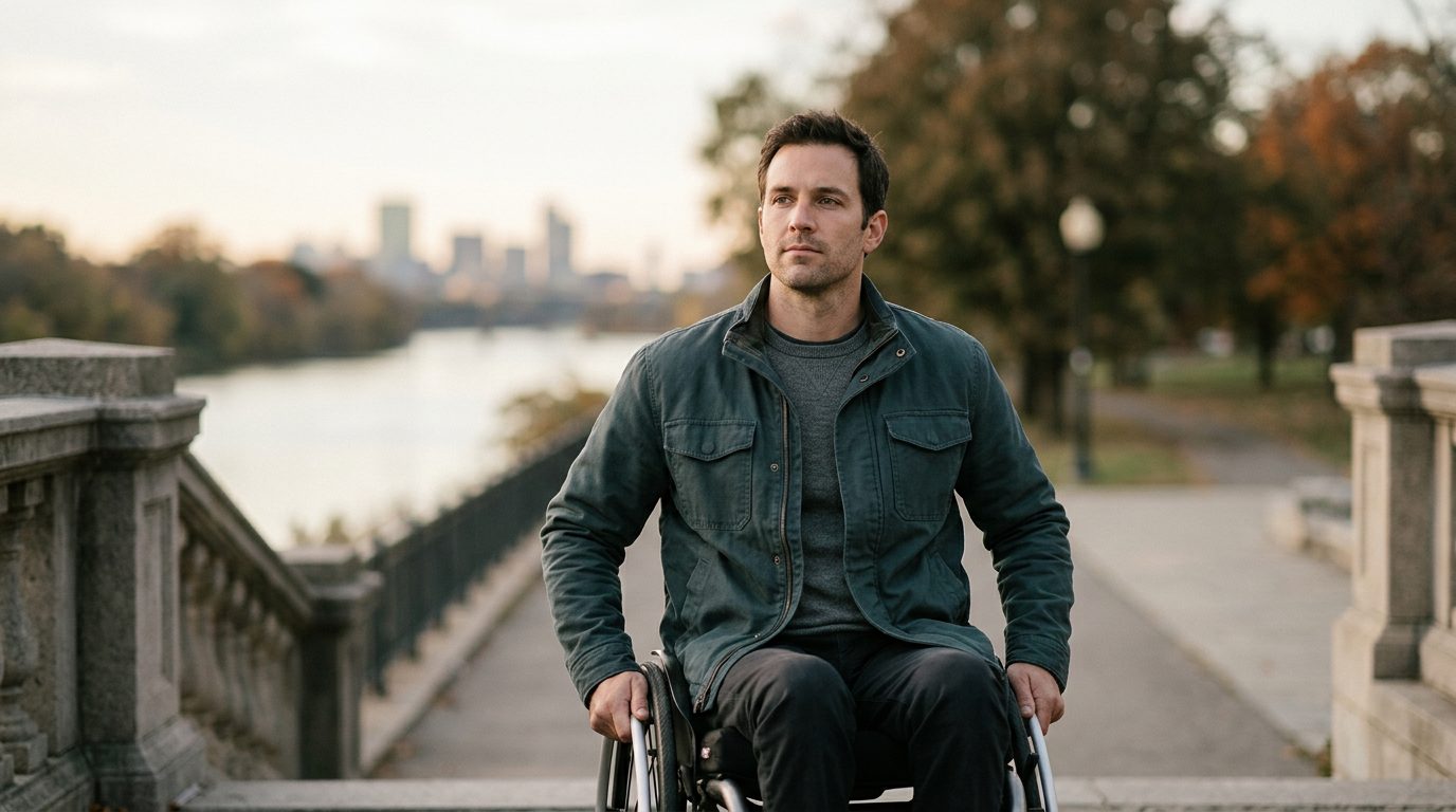 Person in wheelchair looking forward with determined expression.