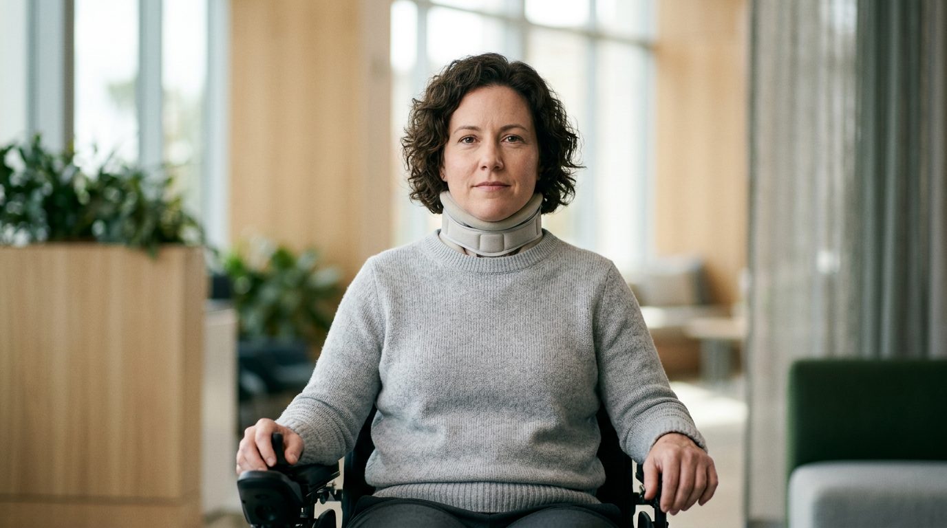 Person in wheelchair looking forward with determined expression.