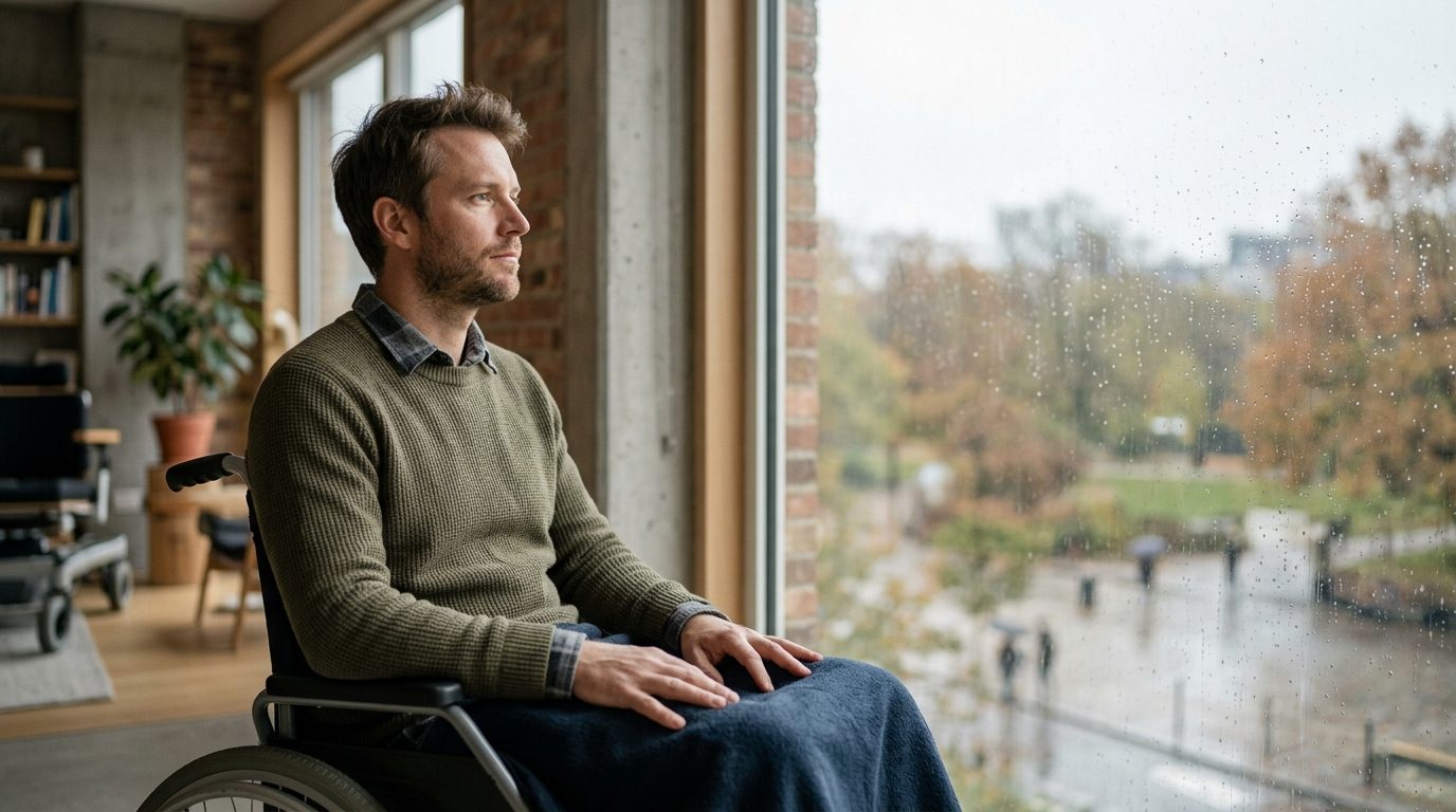 Person in wheelchair looking forward with determined expression.