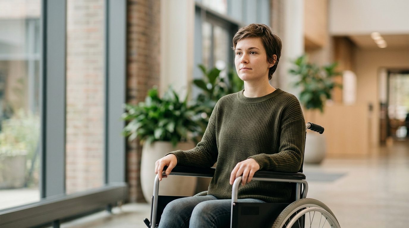 Person in wheelchair looking forward with determined expression after spinal injury.