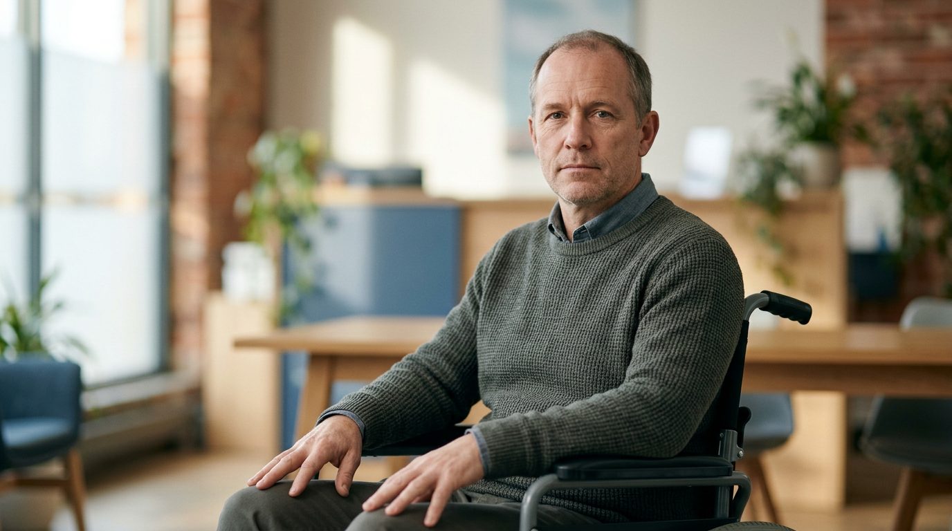 Person in wheelchair looking forward with determined expression.