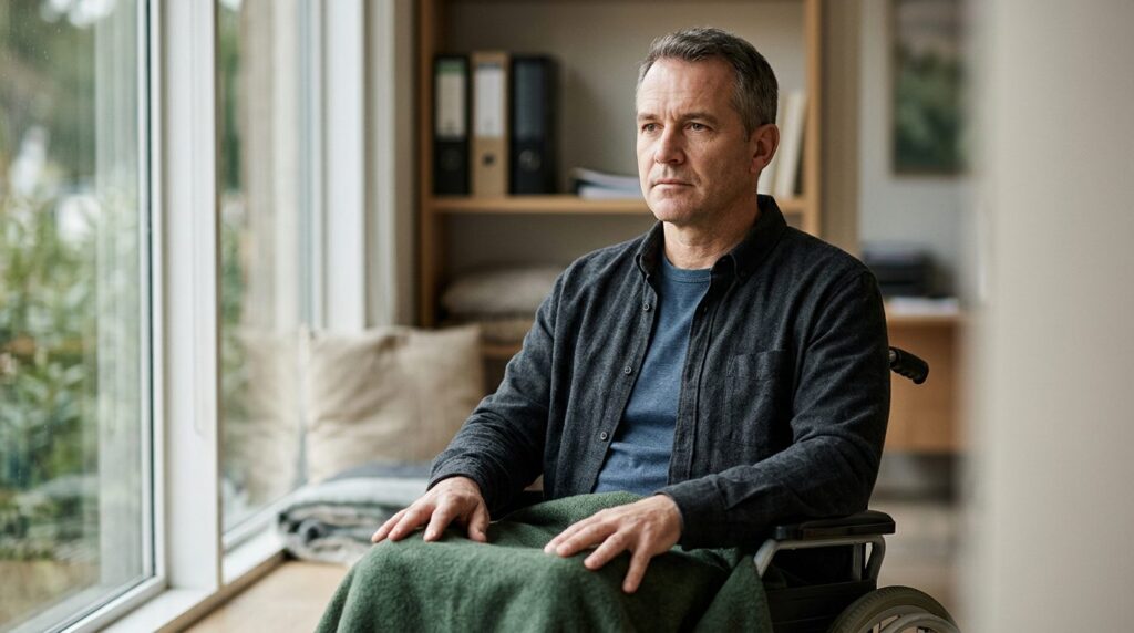 Person in wheelchair looking forward with determined expression.