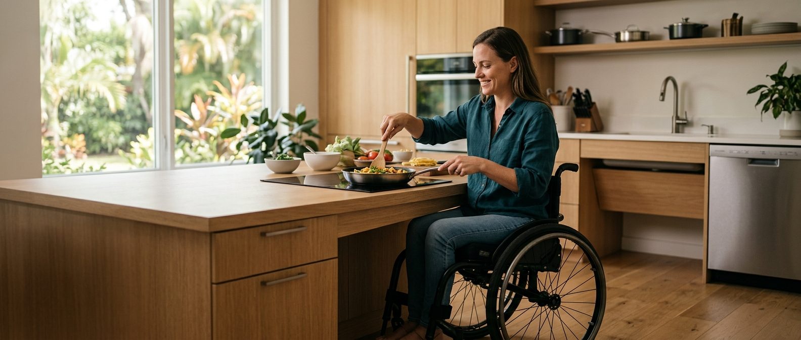Person in wheelchair preparing a meal in an accessible kitchen.