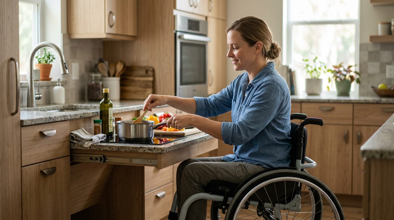 Person in wheelchair preparing a meal in an accessible kitchen.