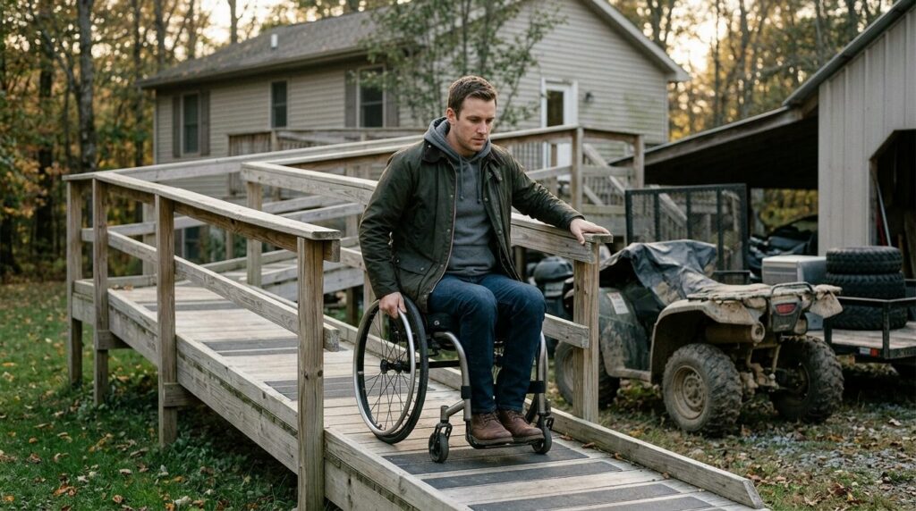 Person in wheelchair using accessible ramp at home after ATV accident.