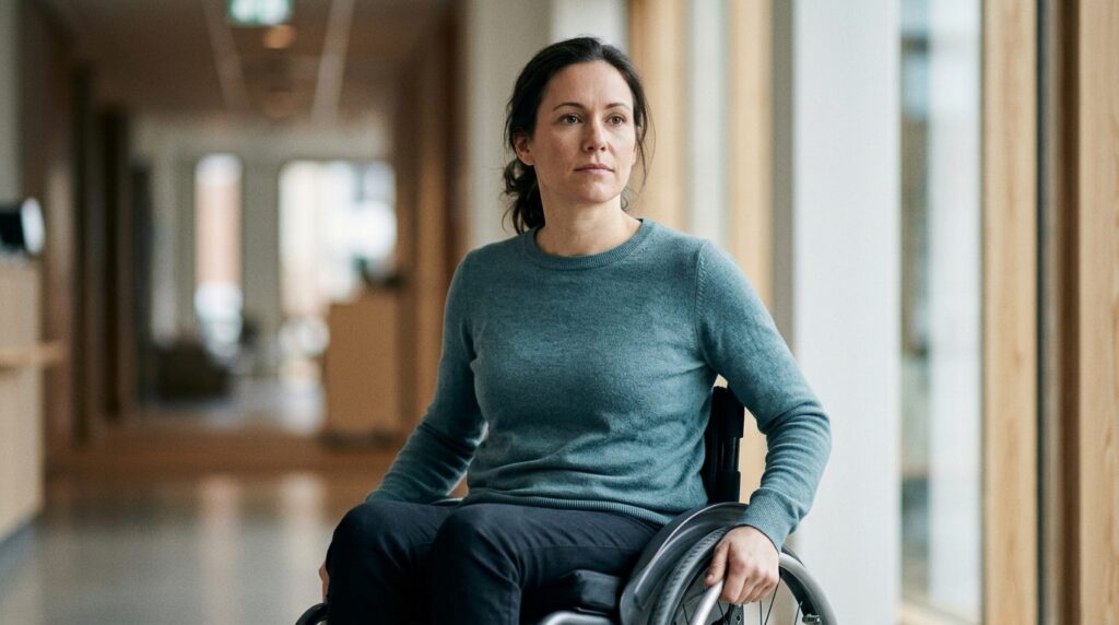 Person in wheelchair with serious expression, representing spinal injury impact.