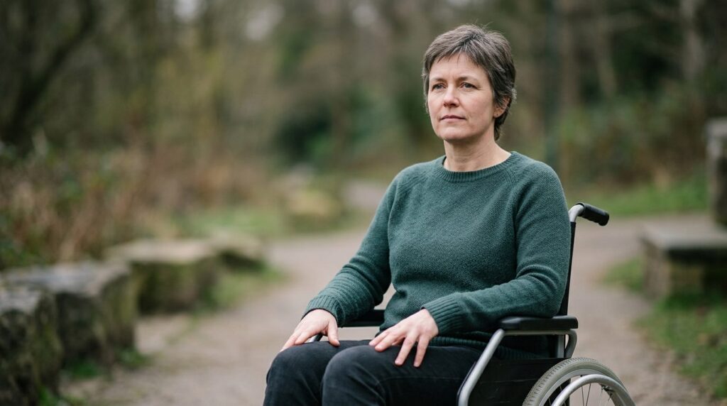 Person in wheelchair with serious expression, representing spinal injury complications.