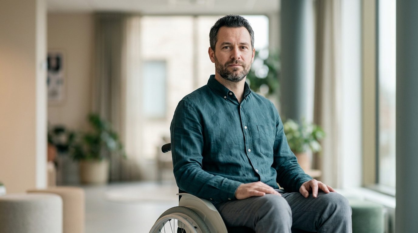 Person in wheelchair with spinal injury looking forward with determined expression.