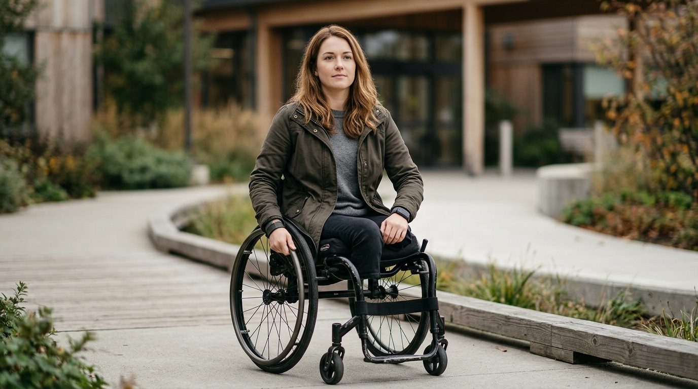 Person in wheelchair with spinal injury looking forward with determination.