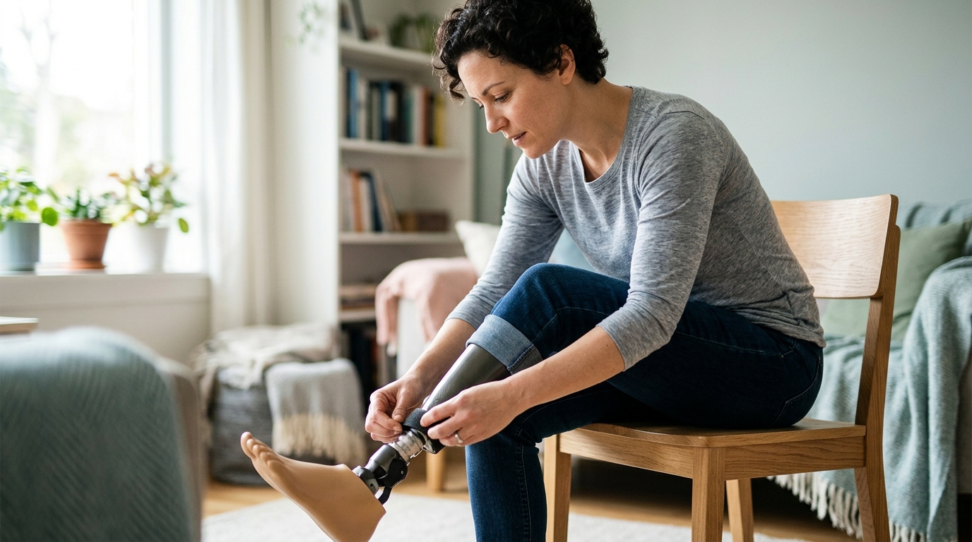 Person practicing daily tasks with a prosthetic leg while rebuilding independence after an amputation.