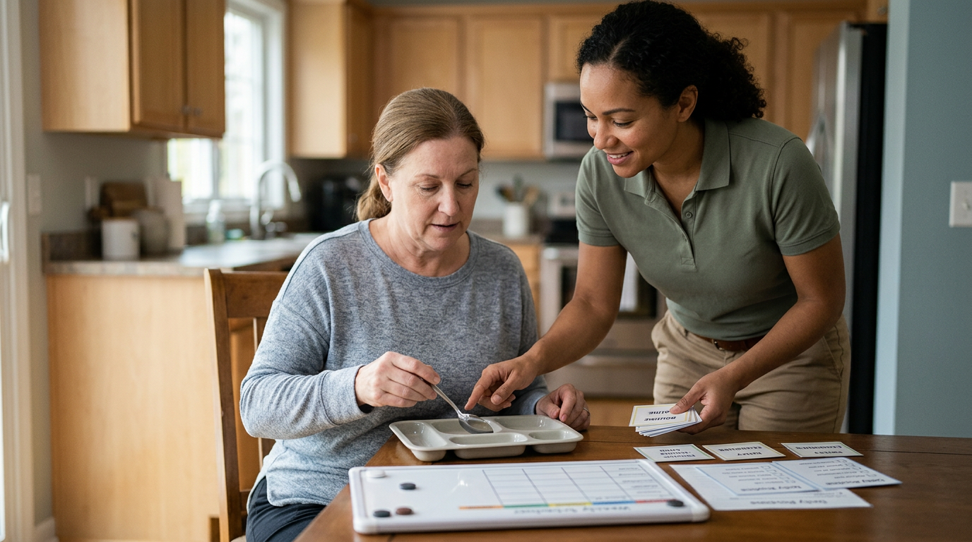 Person relearning daily routines with a caregiver's support after a traumatic brain injury.