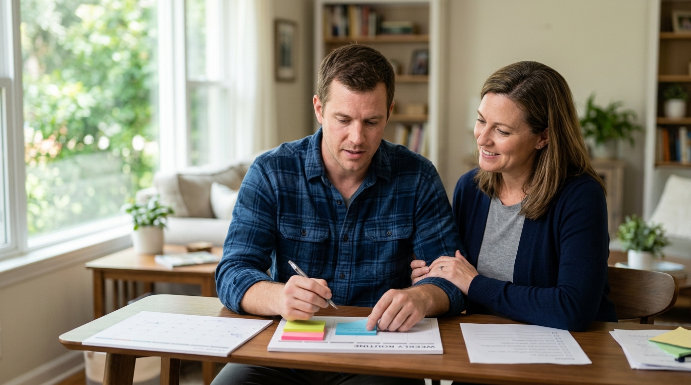 Person relearning daily routines with a caregiver's support after a traumatic brain injury.
