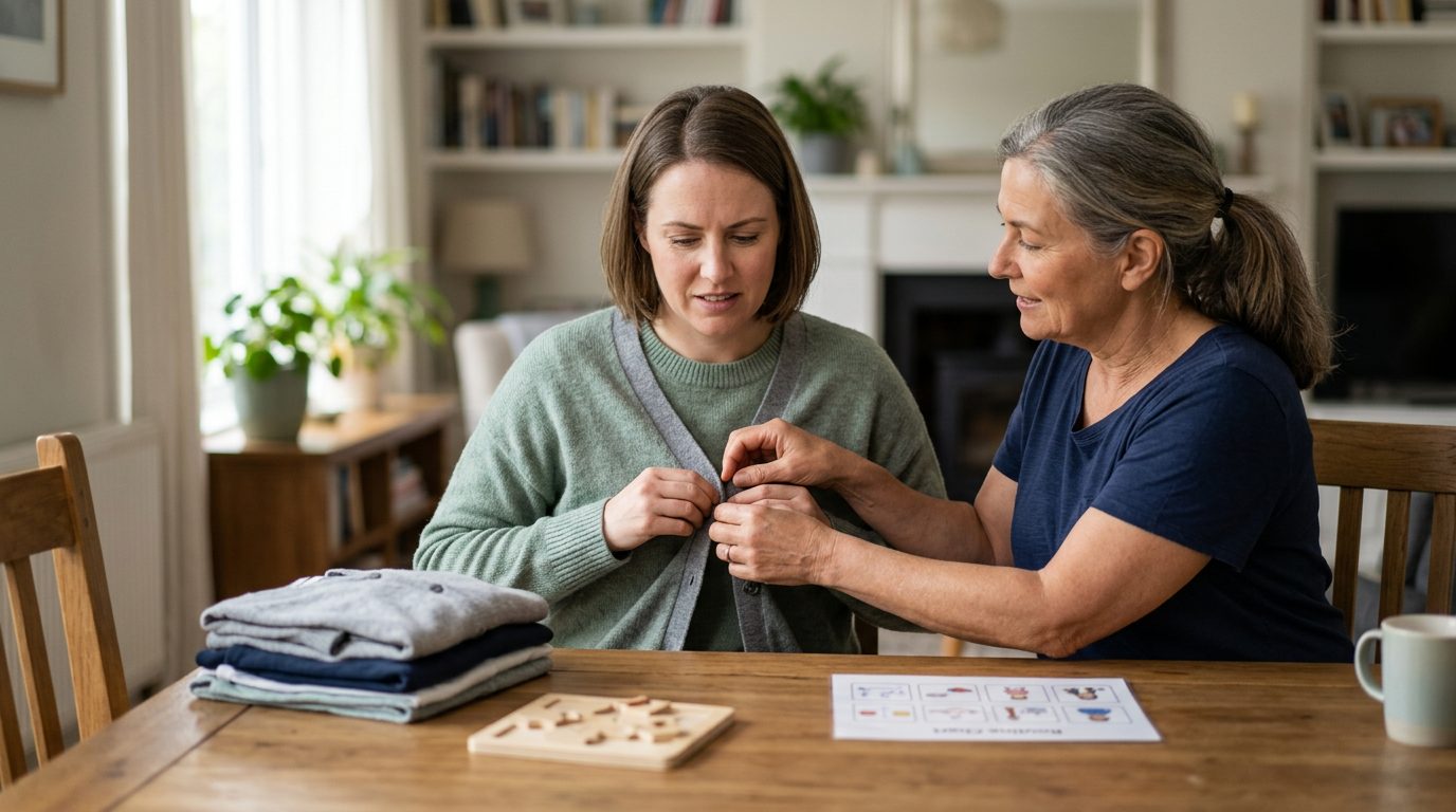 Person relearning daily routines with caregiver assistance during traumatic brain injury recovery.
