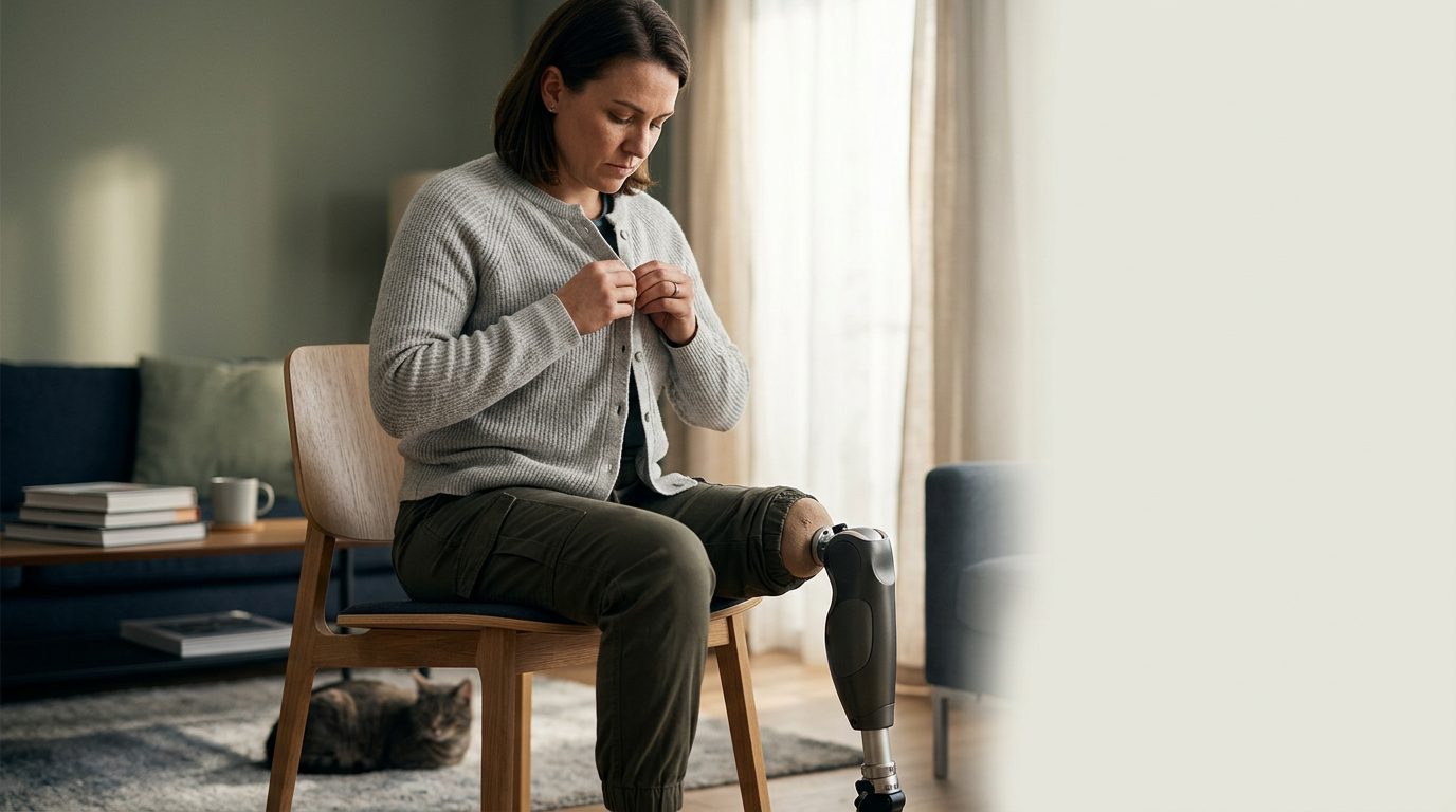 Person using a prosthetic leg to rebuild daily independence after amputation.