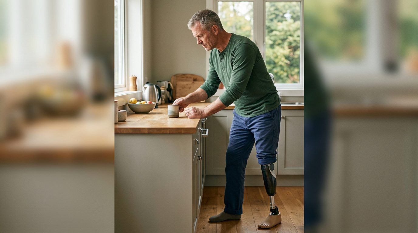 Person using a prosthetic leg to walk and rebuild daily independence after amputation.