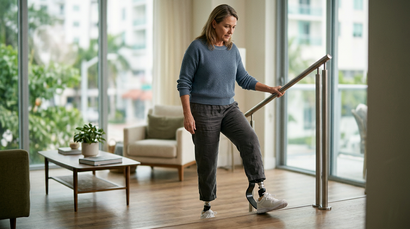 Person using a prosthetic leg to walk and regain daily independence after an amputation.