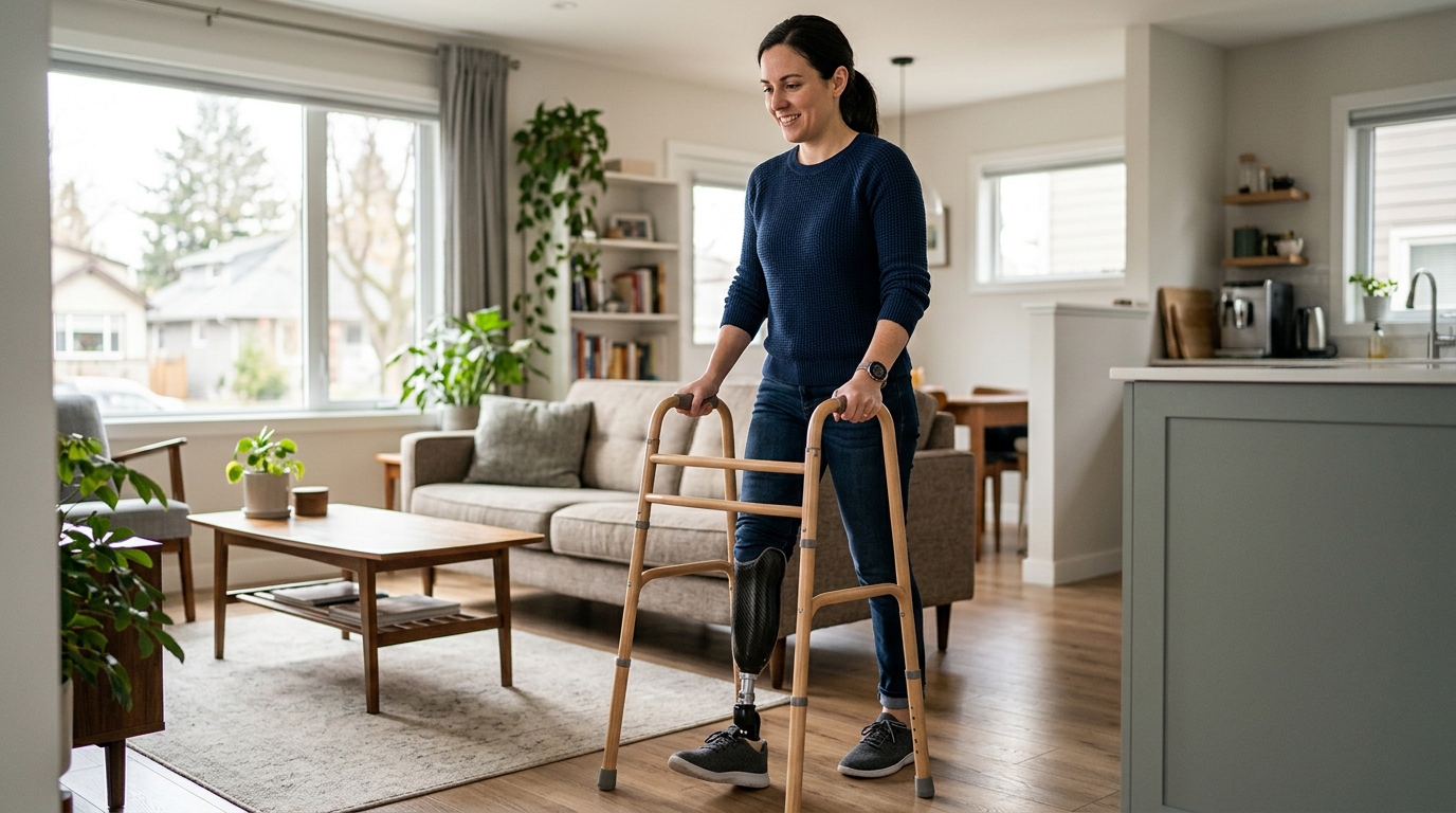 Person using a prosthetic leg to walk and regain daily independence after amputation.