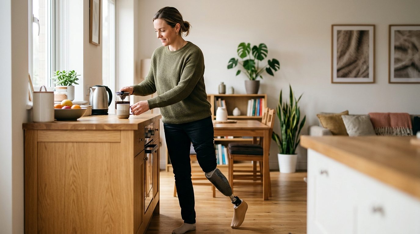 Person using a prosthetic leg to walk, demonstrating mobility after amputation.