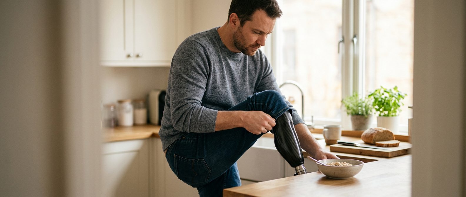 Person using a prosthetic leg to walk, regaining mobility after amputation.